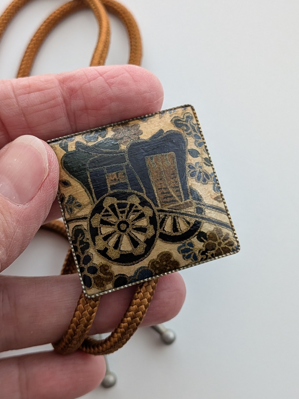 Japanese Damascene Bolo Tie Ox-drawn Carriage Gosho-Guruma hand painted